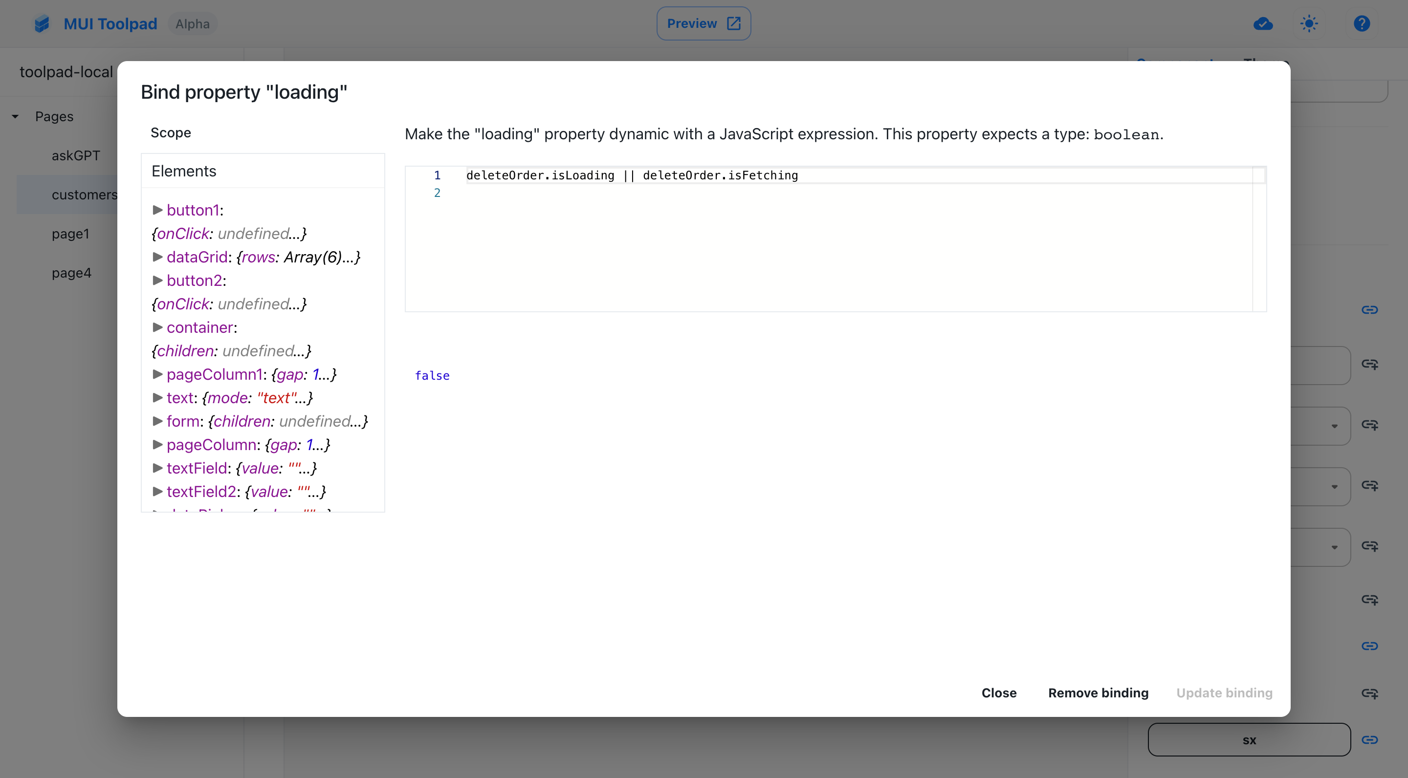 Delete button loading state binding